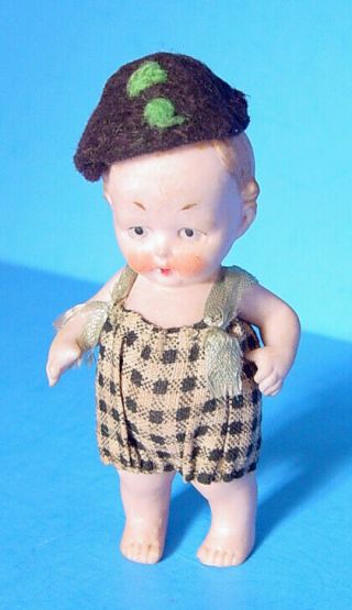 1930s Germany 3.  25 " Bisque Baby Boy In Black Plaid Outfit W Green Straps & Hat