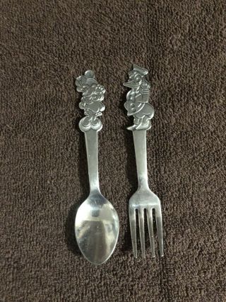 Vintage Walt Disney Stainless By Bonny Mickey Mouse And Donald Duck Spoon & Fork