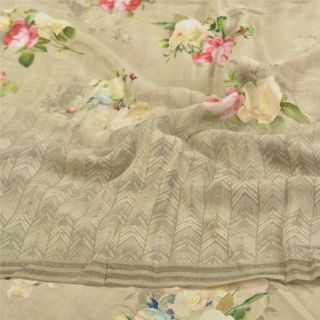 Sanskriti Vintage Cream Digital Printed Sarees Pure Crepe Silk Sari Craft Fabric