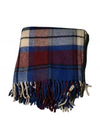 Plaid Wool Throw Blanket With Fringe Red & Blue Vintage Retro 50s 60s