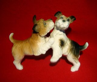 Vintage Karl Ens Pair Dogs Puppies Playing Terrier Dog Figurine Gdr