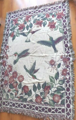 Vtg Woven Cotton Hummingbirds Tapestry Throw Blanket 48 " X 74 " (b40)