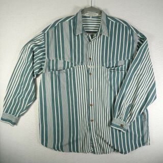Girbaud Shirt Mens Large Long Sleeve Button Up Green & White Striped Vtg