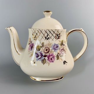 Vintage Sadler England Teapot Cream Color Floral W Gold Accents.  Marked