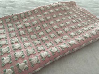 Vintage Chenille Bedspread Fabric Morgan Jones Rare White Rosebud On Pink Euc