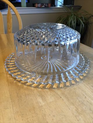 Vintage Crystal Clear Cut Glass 3 - Footed 11 " Round Cake Serving Plate,  Cover Vg,