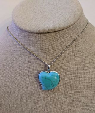 Vintage Sterling Silver Necklace With Silver And Blue Stone Heart Pendant