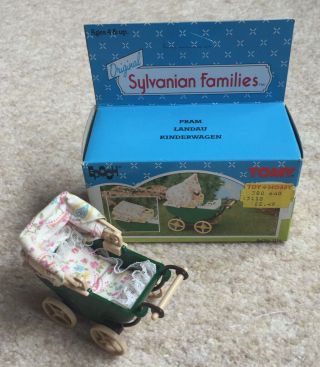 Vintage Sylvanian Families Epoch Baby Pram Green Boxed Tomy 1980s