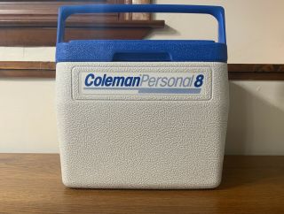 Vintage Coleman Personal 8 Cooler 5272 White W Blue Cup Holder Lid Date 2 - 92