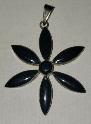 Taxco 925 Sterling Silver Vintage Obsidian Or Black Onyx Floral Necklace Pendant