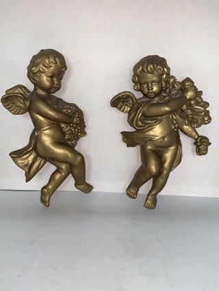 Vintage Norcrest Pair Gold Gilt Cherub Angels W/ Flowers Wall Hanging Valentines