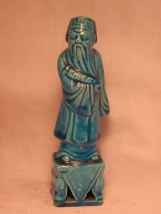 Vintage Blue Glaze Porcelain Or Ceramic Chinese Figure Statue China Old Man