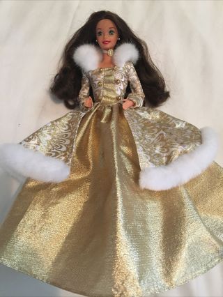 1995 Winter Fantasy Ball Barbie Doll Brunette In Gold Gown