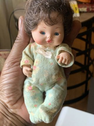Vintage Mini Furga Baby Brunette W/ Blue Eyes Doll W/ Floral Pajama.