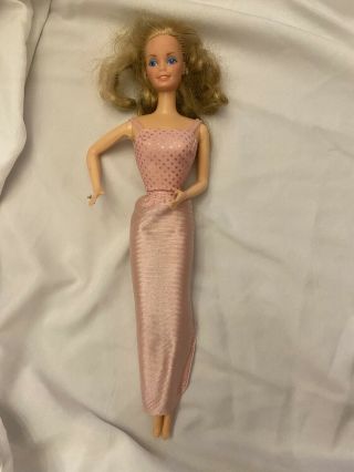 Vintage Barbie Doll 1966 Embedded Earrings,  Ring 2 Piece Pink Dress Blonde Blue