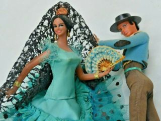 Vintage Marin Chiclana Spanish Flamenco Dancer Dolls Couple In Blue 11 In.  Tall