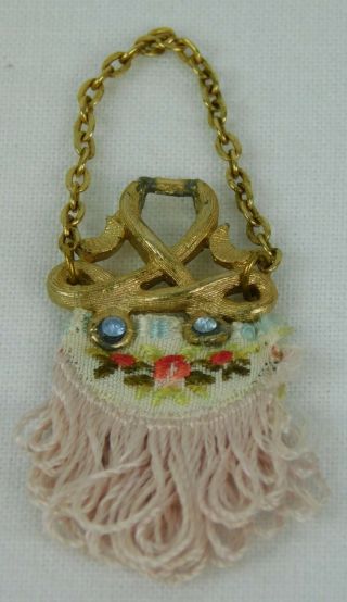 Vintage Miniature Doll Purse Hand Embroidered W/ Fringe & Chain