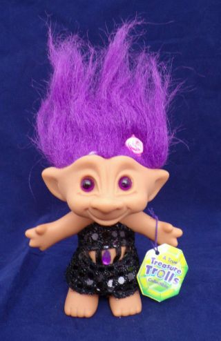 Vintage 1998 Treasure Trolls 4.  5 " Zoa Disco Purple Hair Stone Troll Doll W/ Tag