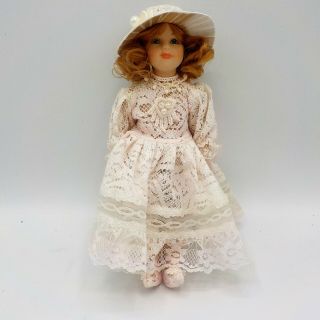 Porcelain China Doll In White Lace Dress 8 Inch