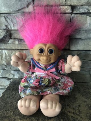 Russ Troll Doll 8 1/2” Soft Body Pink Hair Blue Eyes Dress & Panties
