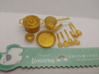 12 " Fashion Doll Kitchen Pots,  Pans,  Utensils 11 - Pc Set Orange - Gold Color
