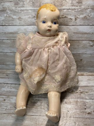 Antique Ceramic Porcelain ? Baby Doll Blonde Hair Blue Eye 17 Inch Jointed Head