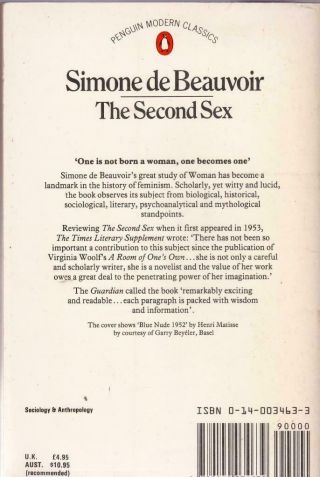 SIMONE DE BEAUVOIR THE SECOND SEX.  Penguin Modern Classics 1984 2