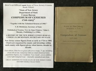 Jersey Census Bureau Compendium Of Censuses 1726 - 1905 County Population Book