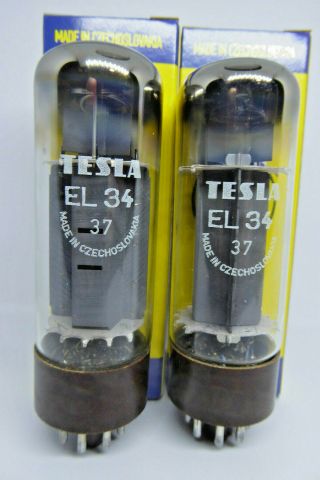 2x (pair) Tesla El34 (6ca7) Brown Base,  Oo - Getter,  F.  Marshall,  1980,  Nos - 2