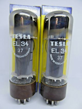 2x (pair) Tesla El34 (6ca7) Brown Base,  Oo - Getter,  F.  Marshall,  1980,  Nos