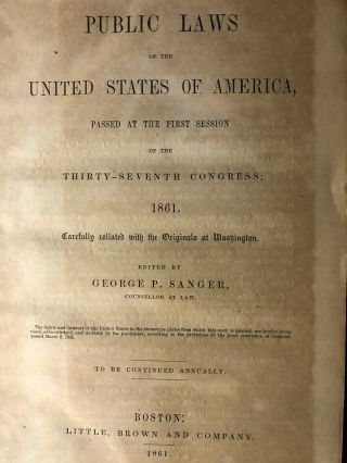PUBLIC LAWS OF THE UNITED STATES 37TH CONGRESS (1861) US CIVIL WAR RARE 2