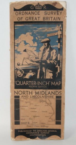 Ordnance Survey Quarter Inch Cloth Map - North Midlands And Lincolnshire - 1935