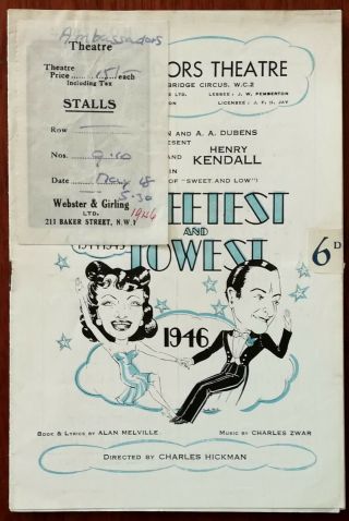 Sweetest And Lowest,  Vintage Ambassadors Theatre Programme 18 May 1946,  Ticket