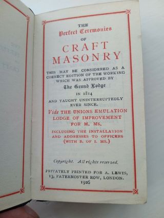 The Perfect Ceremonies Of Craft Masonry (pocket Size Printed By A.  Lewis 1926)