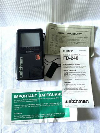 Sony Vintage Watchman Fd - 240 Black And White Tv With Case & Paperwork