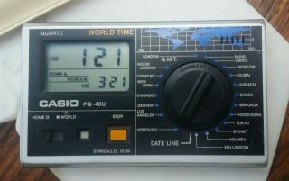 Vintage 1980s Casio Pq - 40u Travel World Time Alarm Clock W/ Case Battery Gc