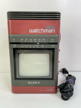1989 Sony Mega Watchman Fd - 500 B&w Tv - Fm/am Receiver Red W/ Power Cord