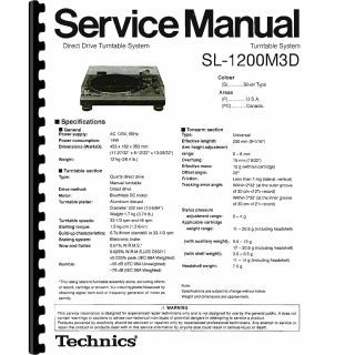 Technics Sl - 1200m3d Turntable Owner & Service Manuals (pages: 43) 11x17 Drawings