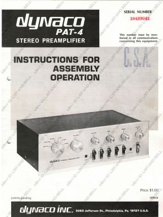 Dynaco Pat - 4 Pat4 Stereo Preamplifier Assembly Instructions & Parts List