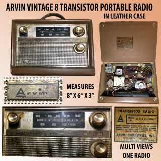 Arvin Vintage 8 Transistor Am " C " Battery Operated Portable Radio In Leather Case