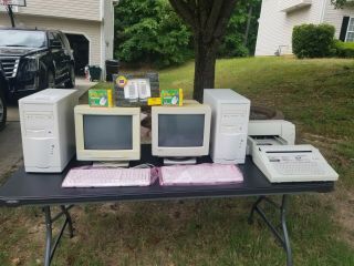 Two (2) Old School Computers (white) W/ Accessories And A Typewriter